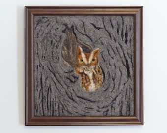 Eastern Screech Owl Needle Felted Wool Painting