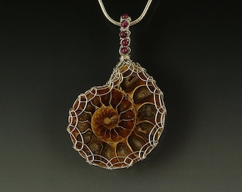 Ammonite Fossil Pendant Necklace Sterling Silver Viking Knit Wire Wrapped