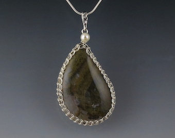 Green Moss Agate Pendant Necklace Sterling Silver Viking Knit Wire Wrapped