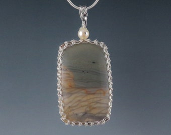Willow Creek Jasper Pendant Necklace Sterling Silver Viking Knit Wire Wrapped