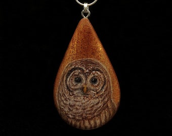 Barred Owl on Sappel Ribbon Wood Pendant