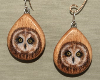 Short Eared Owl on Quarter Sawn Beechnut Wood Earrings