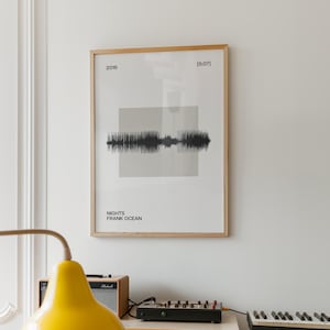 May include: A framed poster with a minimalist design featuring a black and gray soundwave graphic. The poster includes the text "2016" and "[5:07]" at the top, with "NIGHTS FRANK OCEAN" at the bottom. A yellow lamp and electronic music equipment are in the foreground.