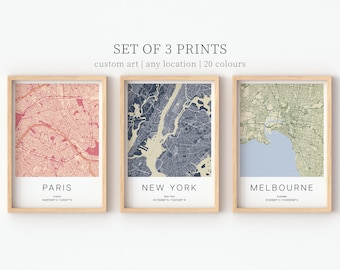 Conjunto de 3 mapas personalizados, impressões de mapas da cidade, localização personalizada, arte de parede com mapa personalizado, pôster de presente da cidade, mapa da cidade presente, pôsteres de viagem