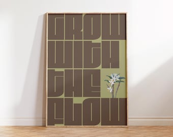 Grow With The Flow - Typographic Poster - Minimal Green Wall Art Print Abstract Art Graphic Design Poster Retro Print Botanical Art