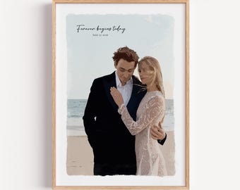 Custom Watercolor Couple Portrait from Photo, Painted Wedding Portrait, Personalized Anniversary Gift for Husband, Wife Engagement Gift