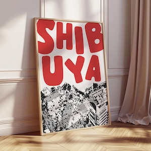 Poster minimalista da parete con incrocio di Shibuya a Tokyo, decorazione per la casa retrò, blu navy, rosso e nero, decorazione di metà secolo