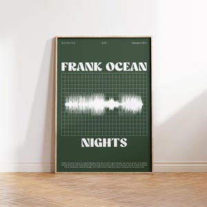 Könnte beinhalten: Ein gerahmtes Poster mit dunkelgrünem Hintergrund zeigt den Text "FRANK OCEAN" und "NIGHTS" in Weiß. Eine weiße Wellenformgrafik ist zentriert. Das Poster enthält Text oben und unten und wird auf einem Holzboden angezeigt.