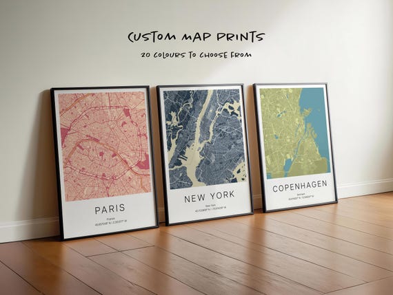 Set of 3 Custom City Map Prints: Personalized Travel Poster Wall Art