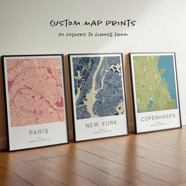 Set of 3 Custom City Map Prints: Personalized Travel Poster Wall Art