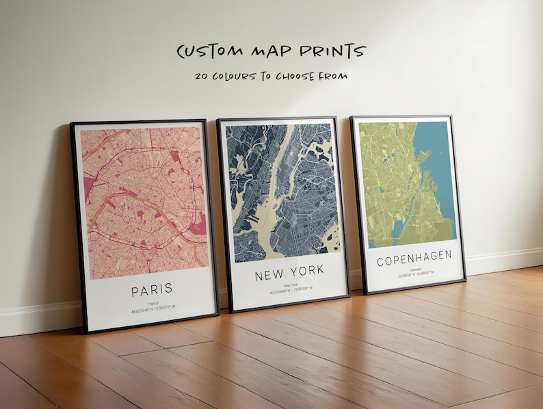 Set of 3 Custom City Map Prints: Personalized Travel Poster Wall Art image 1