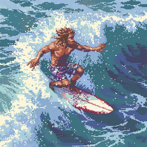 Retro Surfer Pixel Art - Digital Download, Vintage 8-bit