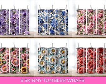 3D Floral Tumbler Wrap Designs: Rose, Sunflower, Daisy (Digital Design PNG Bundle)