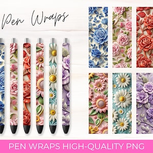 3D Floral Pen Wrap: Sunflower, Rose, Daisy (PNG Digital Download)