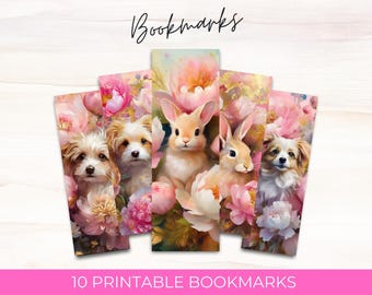 10 Printable Bookmarks Cute Animals and Flowers Design Floral Bookmark Sublimation DIGITAL DOWNLOAD