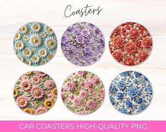 3D Floral Car Coaster Sublimation Designs: Roses, Daisies, Sunflowers (Digital Download))