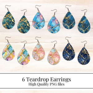 May include: Six pairs of teardrop-shaped earrings with a marble and gold design. The earrings are available in three color combinations: blue and gold, pink and gold, and white and gold.