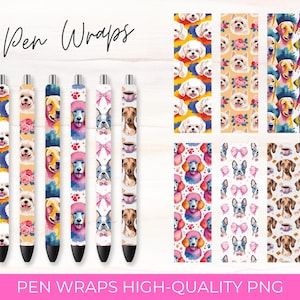 May include: Set of six printable pen wraps featuring watercolor illustrations of dogs. The designs include a poodle, a bulldog, a golden retriever, and a french bulldog. The text "Pen Wraps" is at the top of the image.