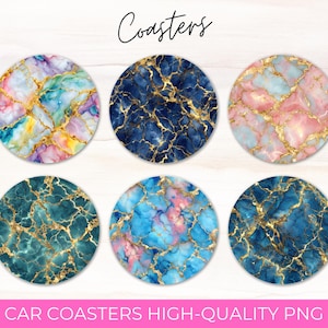 Può includere: Set di sei sottobicchieri rotondi per auto con un design marmorizzato. I sottobicchieri presentano una varietà di colori, tra cui blu, rosa, verde acqua e viola, con venature dorate. La parola "Coasters" è scritta in corsivo in alto.