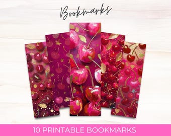 10 Cherries Bookmarks Bundle Printable Cherry Blossom Bookmark Designs Red & Gold Cherry Colour DIGITAL DOWNLOAD