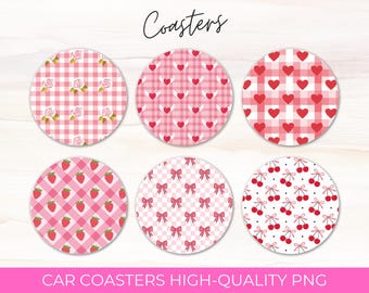 Pink Coquette Car Coaster Designs: Bows, Hearts, Cherries (Digital Download)