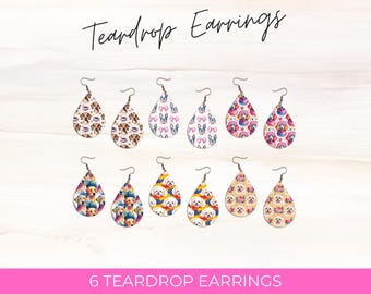 Könnte beinhalten: Eine Kollektion von sechs Paar tropfenförmigen Ohrringen mit verschiedenen Mustern, darunter Hunde, Schleifen und Blumen. Der Text "Teardrop Earrings" und "6 Teardrop Earrings" ist zu sehen.
