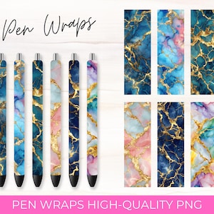 Marble Pen Wrap PNGs: Colorful Gold Sublimation Designs (Digital Download)