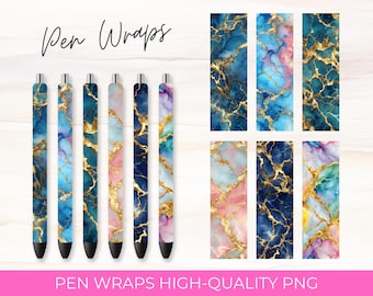 Marble Pen Wrap PNGs: Colorful Gold Sublimation Designs (Digital Download)
