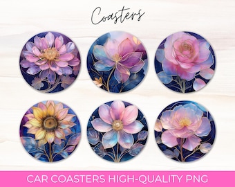 6 Floral Coasters Bundle Pearly Nacre Flowers  Stained Glass Coaster Sublimation Pack DIGITAL DOWNLOAD