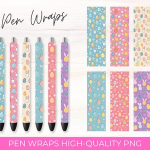 Op de afbeelding: Paas-thema pen wraps in verschillende pastelkleuren, versierd met eieren, konijntjes en bloempatronen. De afbeelding bevat ook de tekst "Pen Wraps High-Quality PNG".