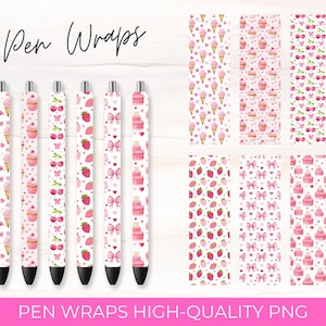 Pink Pen Wraps Sweets Cakes Cherries Bows Sublimation Design DIGITAL DOWNLOAD