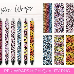 Può includere: Avvolgitori per penne con motivi a stampa leopardata in vari colori, tra cui rosa, blu, giallo e arancione. Il testo "Pen Wraps" è nella parte superiore dell'immagine. Il testo "PEN WRAPS HIGH-QUALITY PNG" è nella parte inferiore dell'immagine.