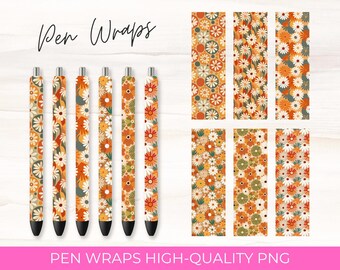 Retro Floral Pen Wraps: 6 Hippie Daisy Sublimation PNG Designs (Digital Download)