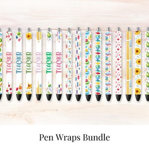 May include: A set of 15 colorful pen wraps with various school-themed designs, including pencils, rulers, globes, and the word "Teacher".