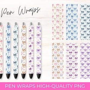 May include: Pen wraps with bow patterns in pink, blue, and purple. The image shows six pens with different bow designs and coordinating patterns. The text "Pen Wraps High-Quality PNG" is at the bottom.