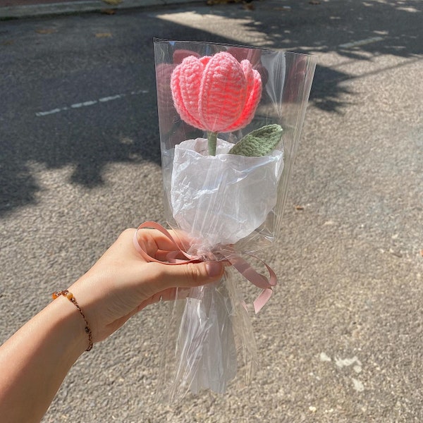 Pink and White Crocheted Tulip Bouquet, Gift