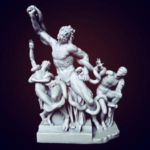 May include: A monochromatic gray sculpture depicting a central bearded figure and two smaller figures, all entangled in the coils of large serpents. The figures are positioned on a rectangular base, captured in a dynamic, struggling pose.