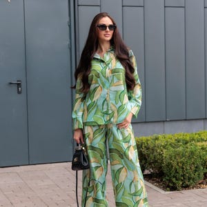 Oasis suit, Linen suit, Green linen pants, Linen blouse, Linen pants, Linen shirt, Linen trousers, Linen set, Long pants, Women linen suit