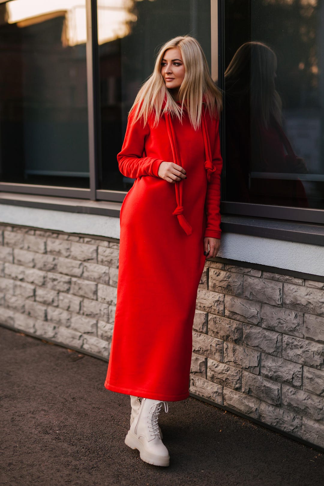 Hoodie Maxi Dress For Women Sweatshirt Dress Oversized Casual Split Hem Fall Winter Pullover Dresses With Pockets