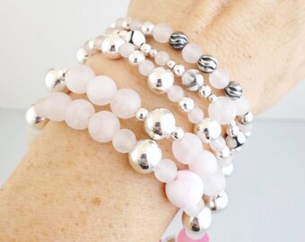 Rose Quartz bracelets | 925 sterling silver ball beaded bracelets for women | Rose quartz jewelry handmade | semi precious gemstones