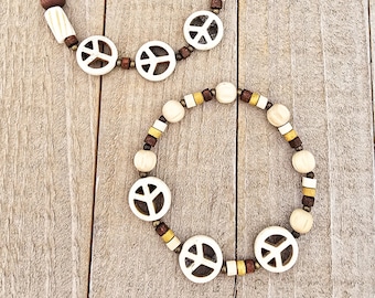 Peace bracelet | Peace gifts | wooden beaded stretch bracelets women | peace sign symbol | earthy jewelry handmade | large wrist hippie boho
