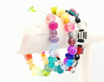 Glass bead bracelets | multi color colourful funky boho stretch bracelets | gifts for women teens | handmade jewelry | rainbow black red
