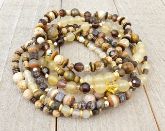 Gemstone bead bracelets | stretchy stackable bracelets | earth tones brown beige semi precious stones | handmade stretch bracelets for women