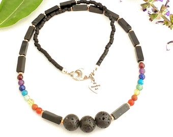 Anxiety necklace | Lava stone necklace | rainbow choker | mixed gemstone beaded necklace | essential oil diffuser jewelry | aromatherapy