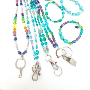 Aqua lanyard necklace | glass bead lanyards with matching bracelets | handmade keychain lanyard | Teacher office gifts | purple green pink