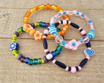 Cute bead bracelets for girls kids children with flowers hearts | stretchy colourful multi color rainbow | handmade jewelry | gifts for kids