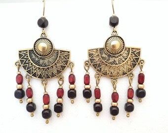 Large chandelier earrings | funky wood bead earrings | golden ethnic fan sun semi circle Egyptian style | unique boho ooak handmade jewelry