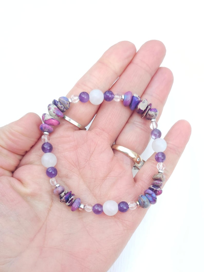 Purple gemstone bracelet | amethyst, rose quartz, jasper, 925 sterling silver | Beaded stretchy stackable bracelets women | handmade jewelry Mixed stone