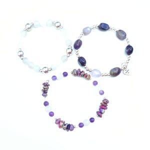 Purple gemstone bracelet | amethyst, rose quartz, jasper, 925 sterling silver | Beaded stretchy stackable bracelets women | handmade jewelry image 1