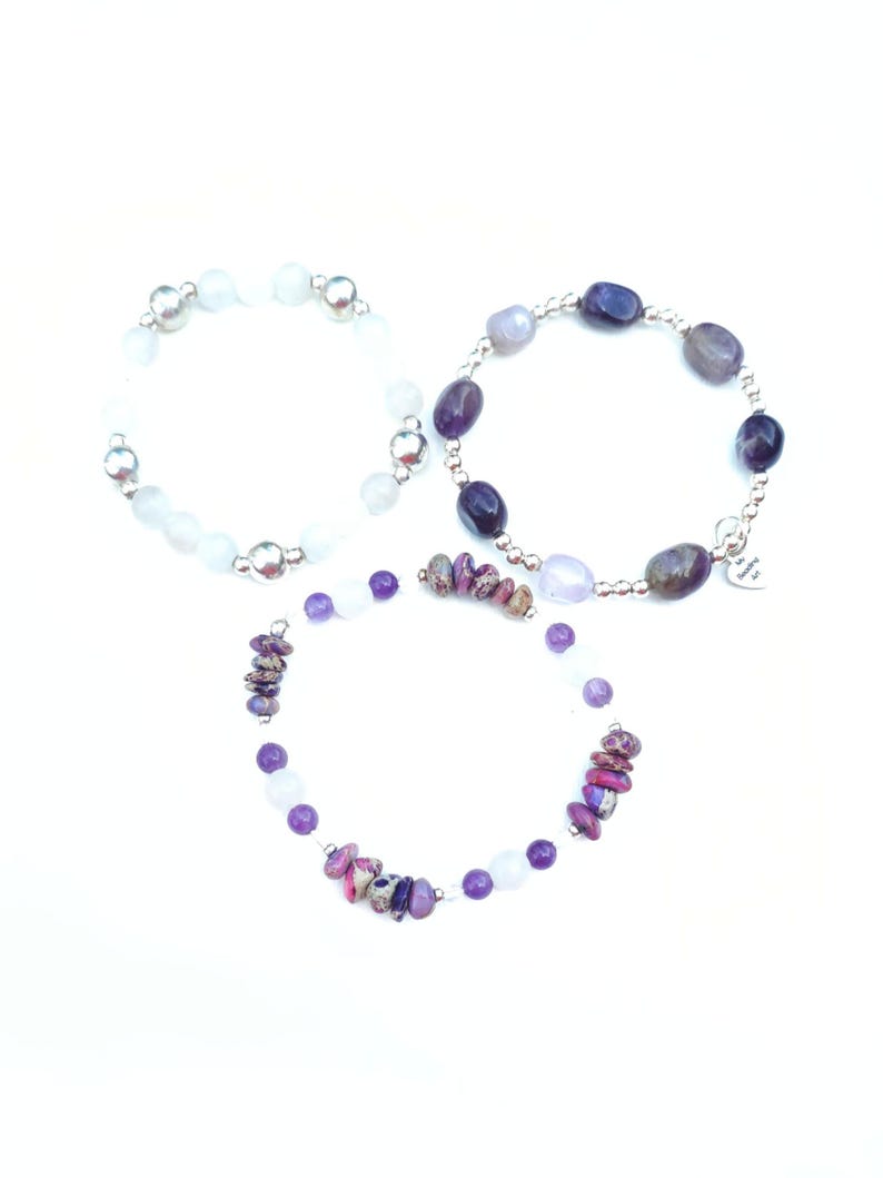 Purple gemstone bracelet | amethyst, rose quartz, jasper, 925 sterling silver | Beaded stretchy stackable bracelets women | handmade jewelry image 1